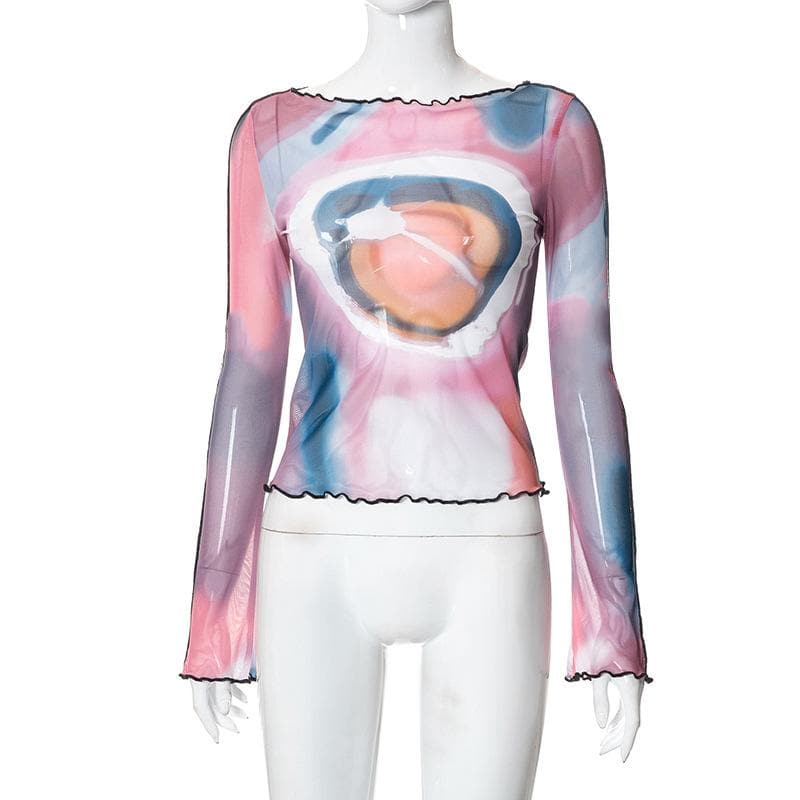 Sheer mesh contrast print crewneck ruffle long sleeve top
