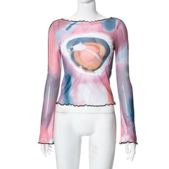 Sheer mesh contrast print crewneck ruffle long sleeve top