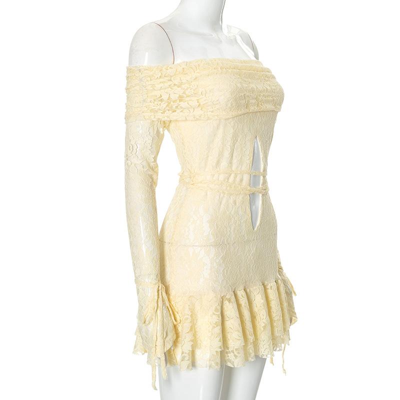 Long sleeve off shoulder lace self tie hollow out mini dress