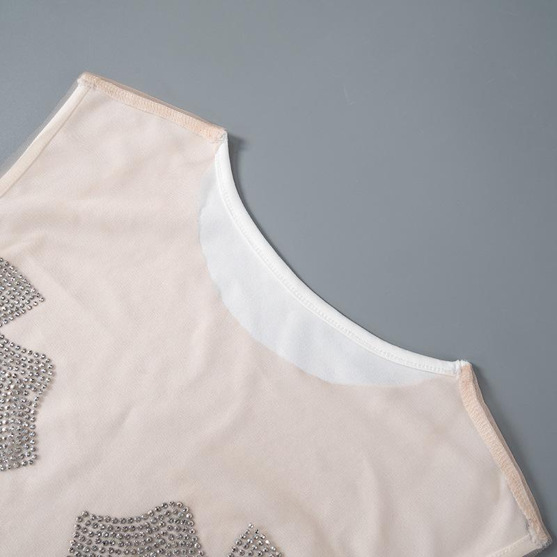 Sleeveless crewneck beaded mesh patchwork see through mini dress