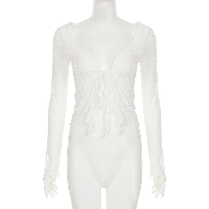Long sleeve lace ruffle irregular self tie top