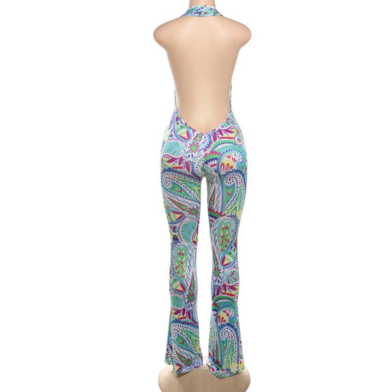 Halter deep V neck print backless contrast jumpsuit
