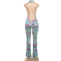 Halter deep V neck print backless contrast jumpsuit