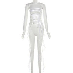 Ruffle lace up self tie backless ribbon tube crop top