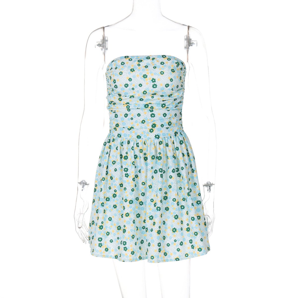 Flower print ruched tube mini dress