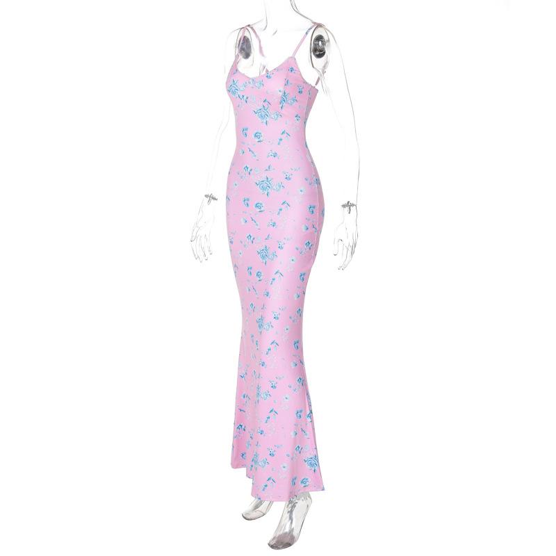 Flower print v neck backless cami maxi dress
