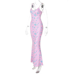 Flower print v neck backless cami maxi dress