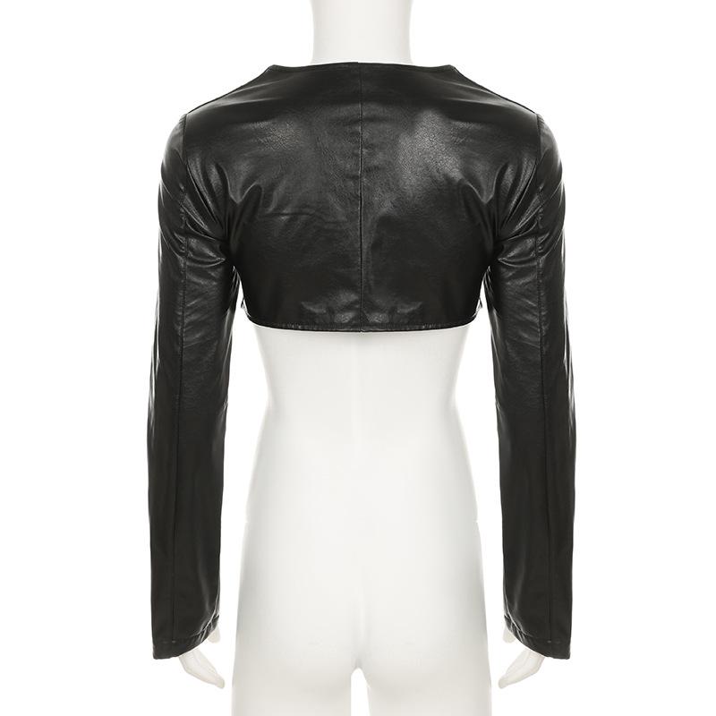 PU leather sweetheart neck long sleeve crop top