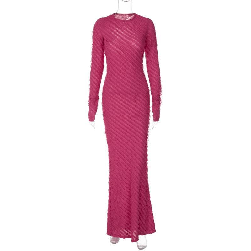 Textured long sleeve crewneck ruffle solid maxi dress  | red tango dress