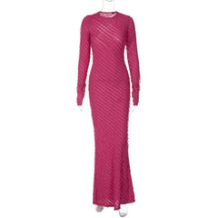 Textured long sleeve crewneck ruffle solid maxi dress  | red tango dress