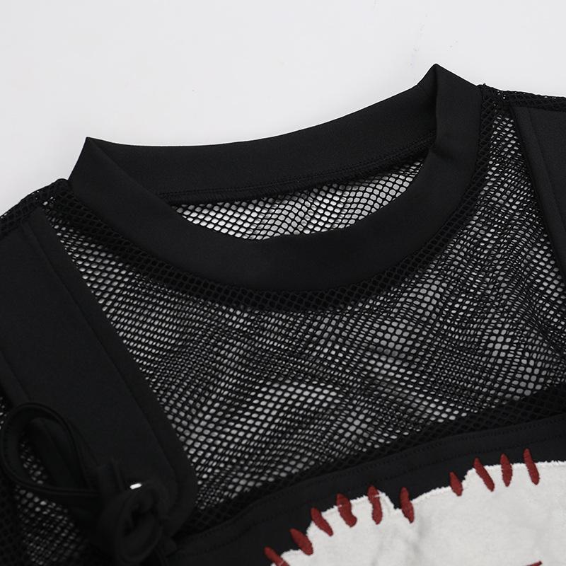 Crewneck long sleeve demon embroidery fishnet patchwork top