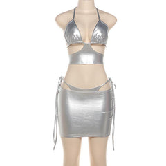 Halter PU leather metallic hollow out 3 piece mini skirt set