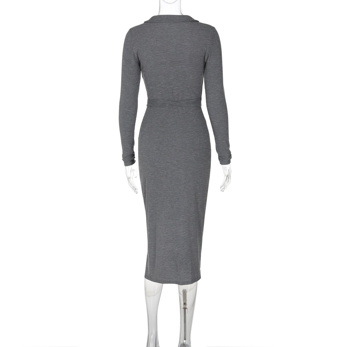 Turnover collar long sleeve slit self tie midi dress  | red tango dress