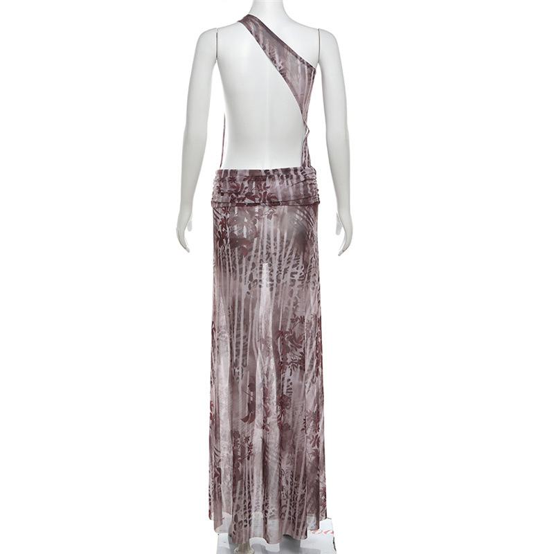 One shoulder irregular hollow out high slit print maxi dress