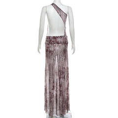 One shoulder irregular hollow out high slit print maxi dress