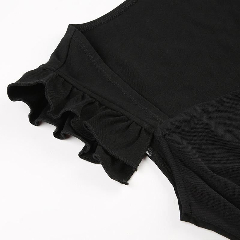 Mesh ruffle v neck metal tag bodysuit