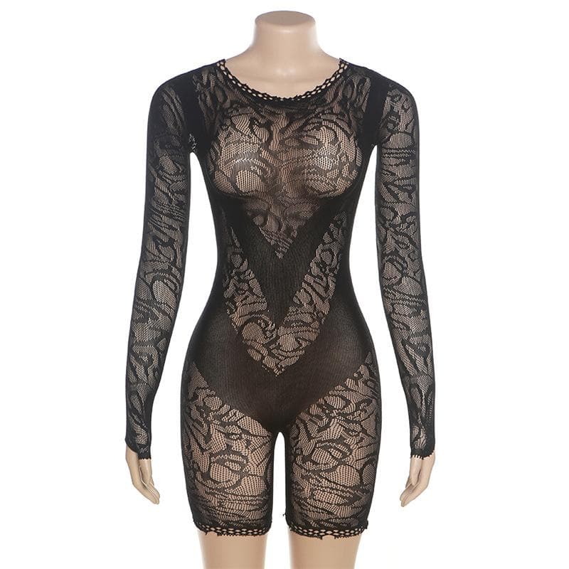 Long sleeve gloves see through fishnet romper