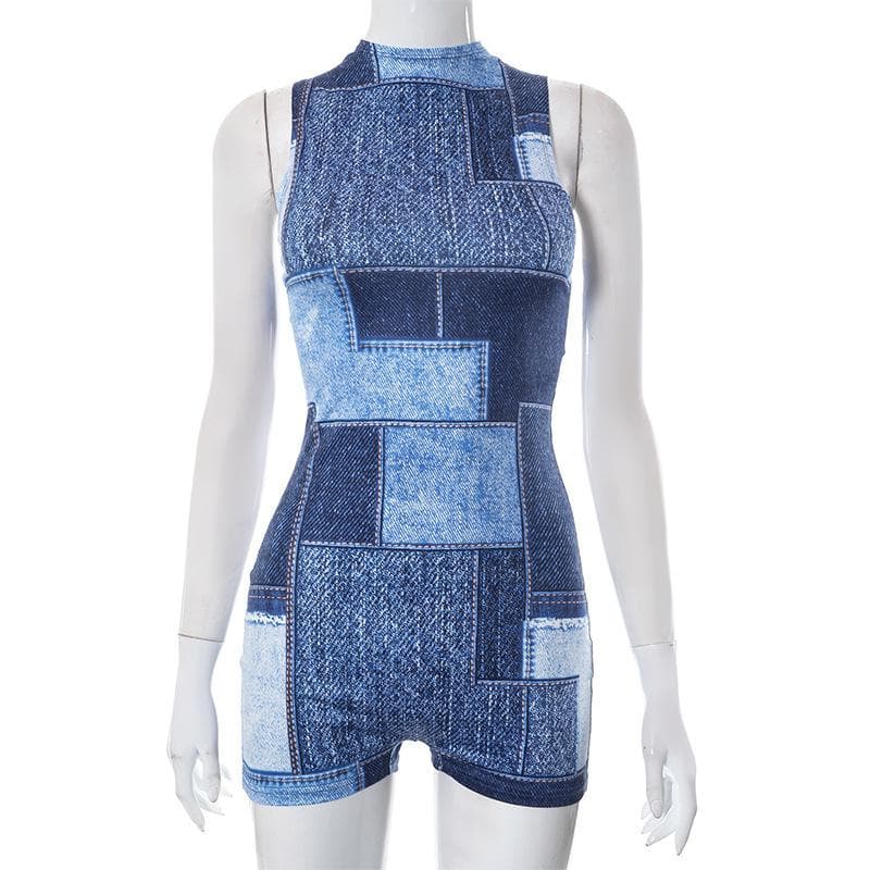 Contrast sleeveless denim print high neck romper
