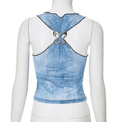 Ruffle butterfly print sheer mesh tank top