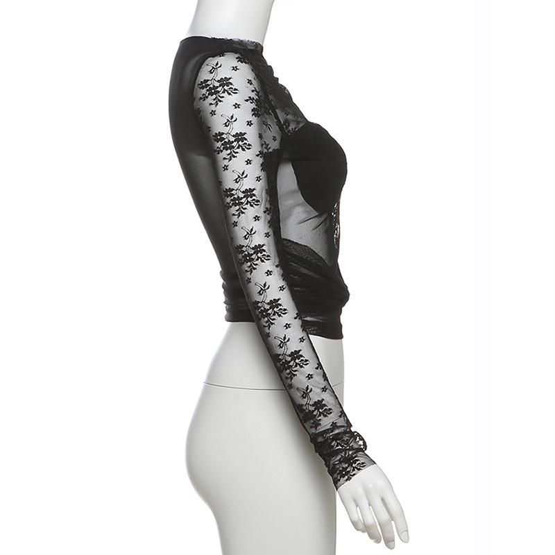 Long sleeve hollow out ruched lace top