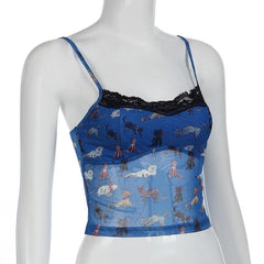 Lace hem print backless cami top