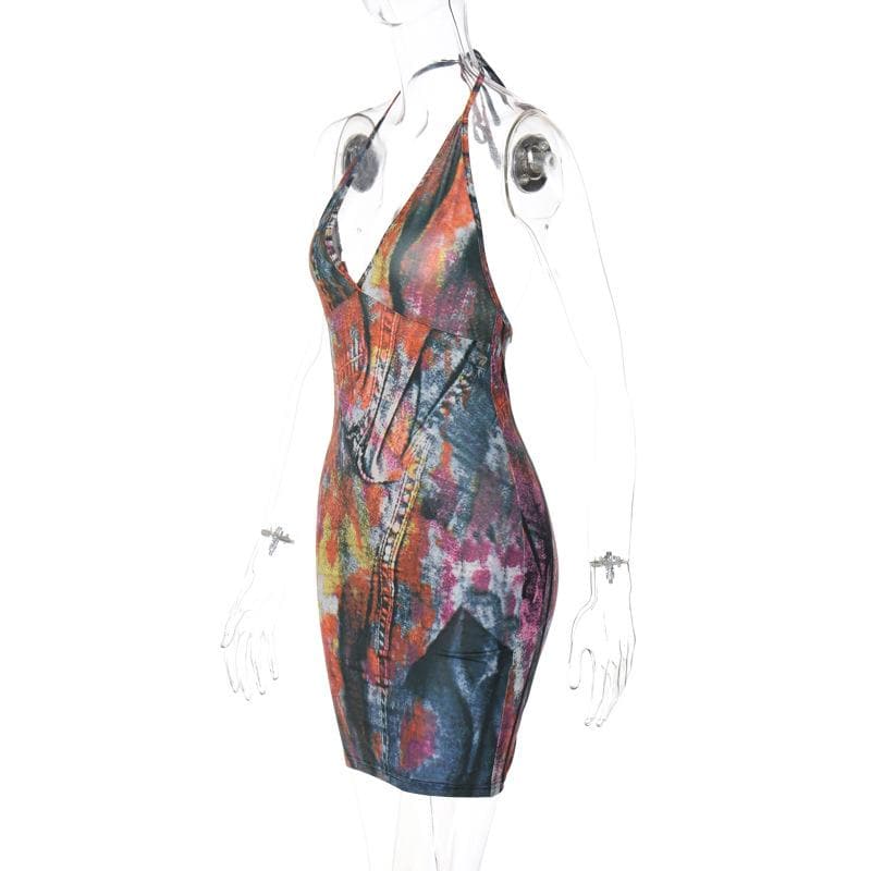 Backless halter self tie v neck contrast print mini dress  | red tango dress