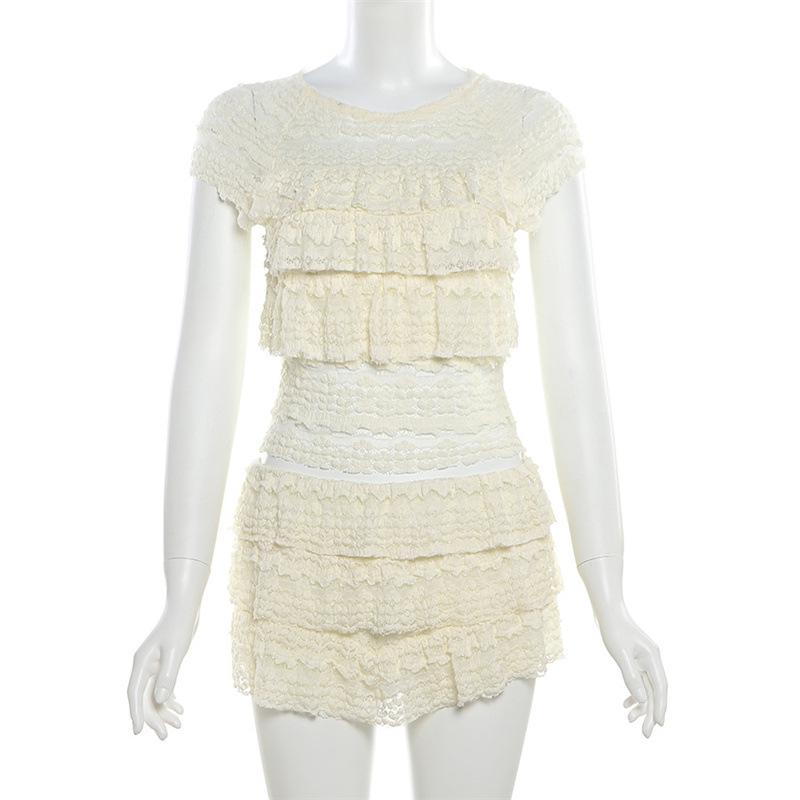 Crewneck ruffle lace ruched cap sleeve pant set