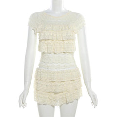 Crewneck ruffle lace ruched cap sleeve pant set