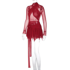 Long sleeve ruffle ruched cross front halter sheer mesh mini dress  | red tango dress  | samba dress  | black rave dress