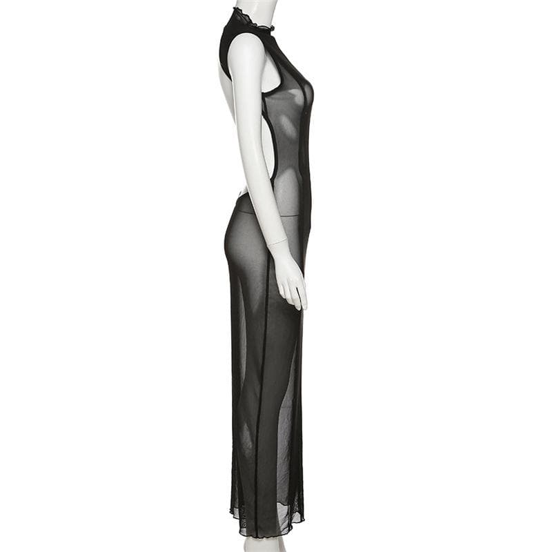 Sleeveless solid sheer mesh see through backless midi dress  | samba dress