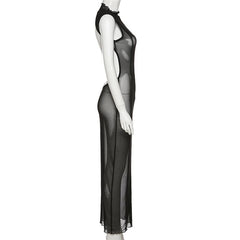 Sleeveless solid sheer mesh see through backless midi dress  | samba dress