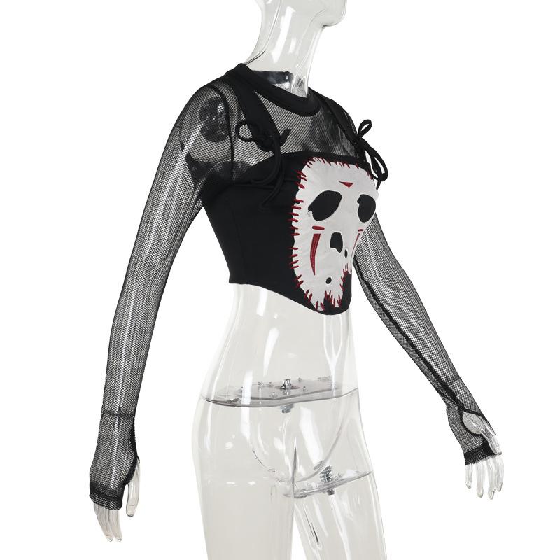 Crewneck long sleeve demon embroidery fishnet patchwork top