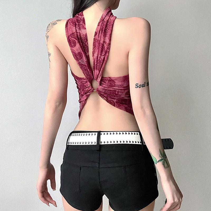 Sleeveless print high neck sheer mesh o ring top