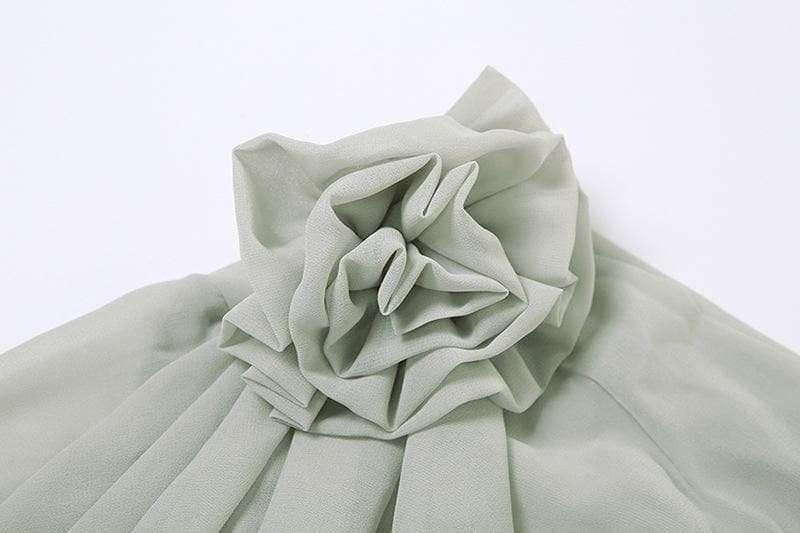 Chiffon flower applique see through off shoulder long sleeve ruched top