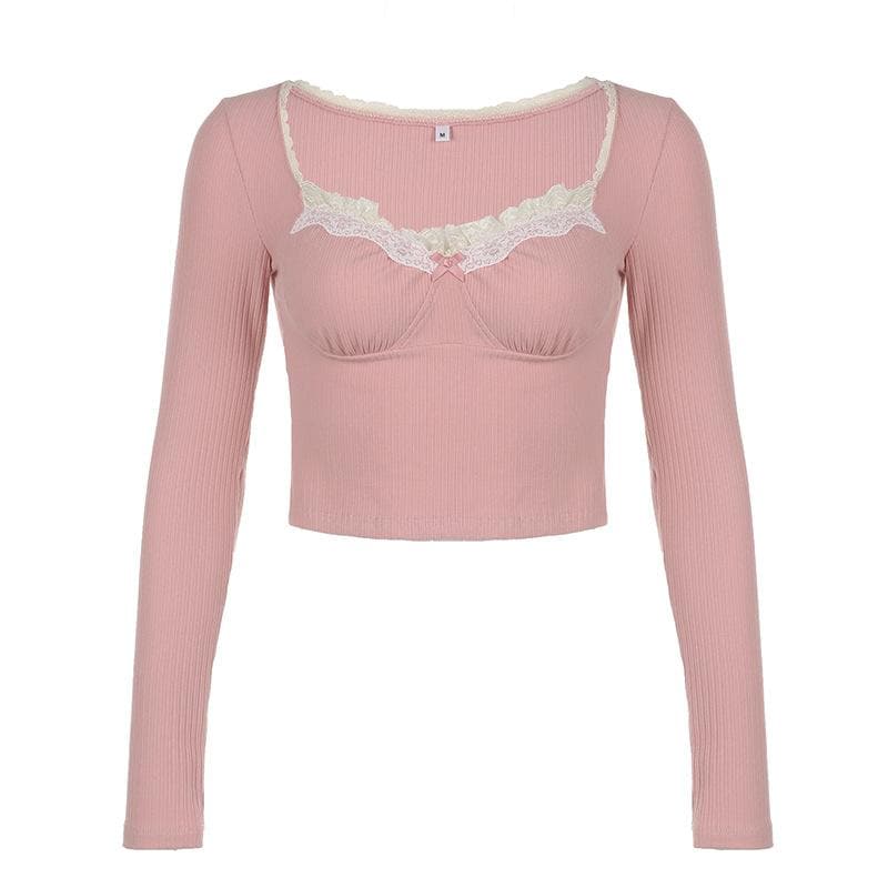 Ribbed lace hem long sleeve ruched contrast top