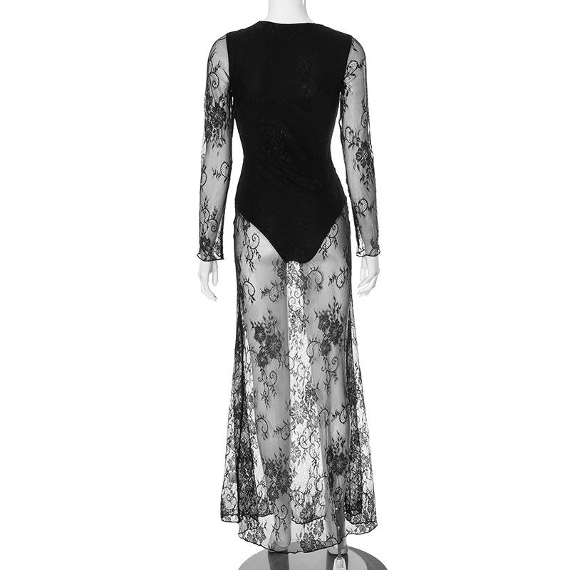 Long sleeve v neck lace maxi dress