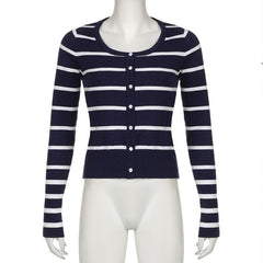 Round neck long sleeve button striped ribbed top