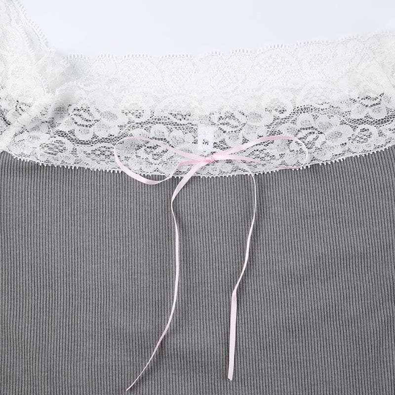 Long sleeve off shoulder ruffle lace hem bowknot ribbed top
