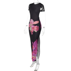 Short sleeve print slit backless maxi dress
