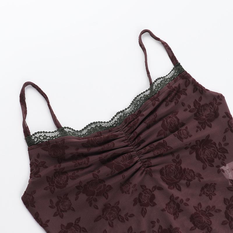 Lace hem ruched flower pattern mesh cami top