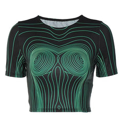 Short sleeve round neck contrast abstract print crop top