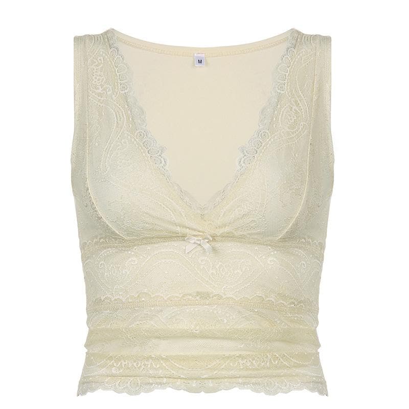 V neck sleeveless lace hem top
