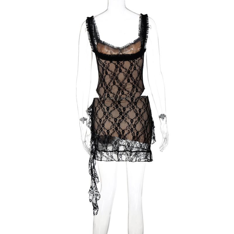 Lace ruffle ruched hollow out cami mini dress