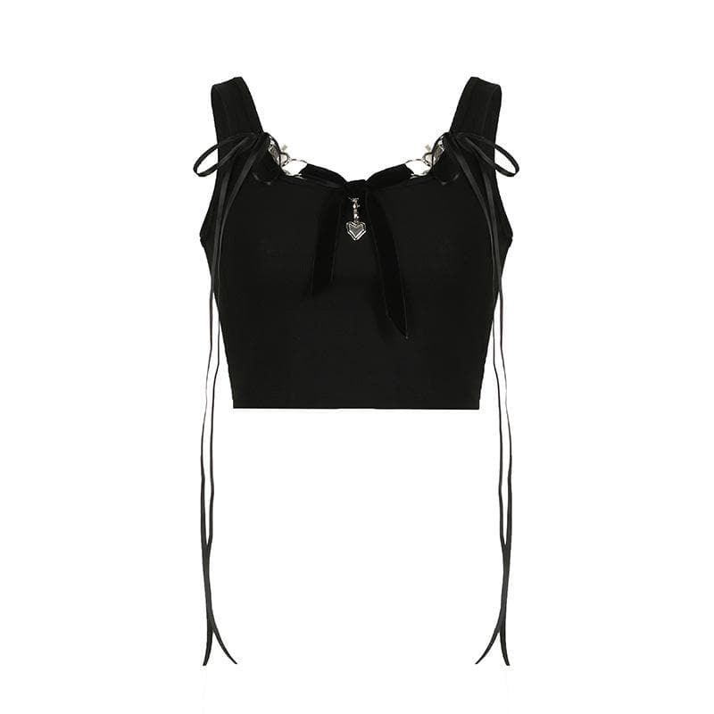 Bowknot ribbon heart applique ribbed crop top