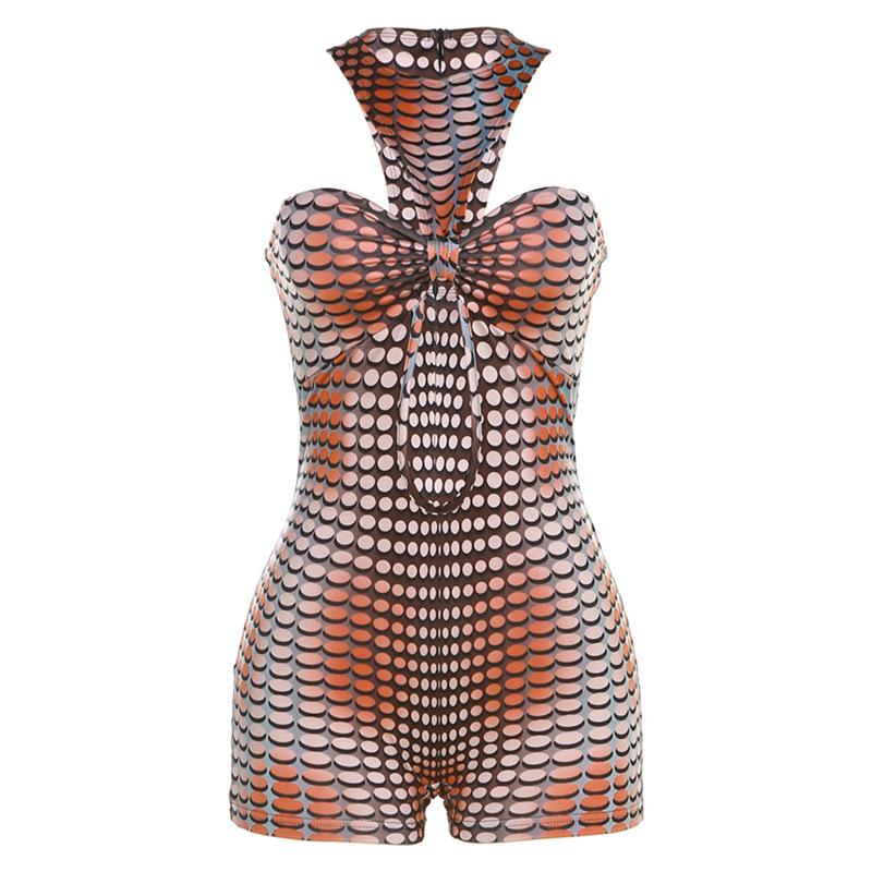 Crewneck polka dot print hollow out romper