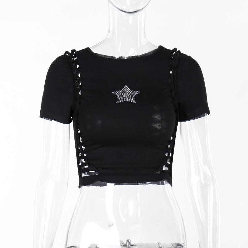 Short sleeve crewneck beaded hollow out top