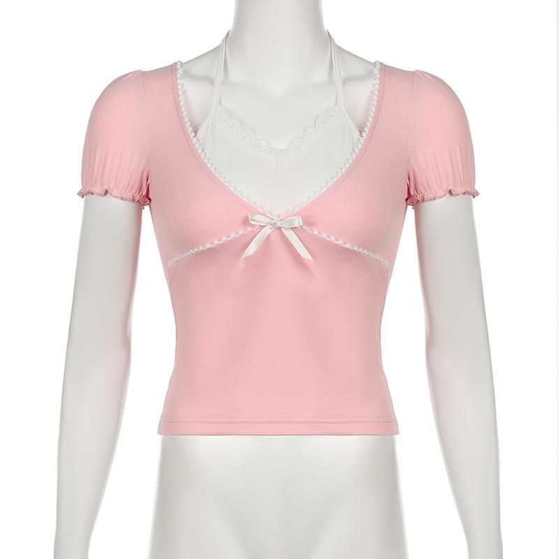 Short puff sleeve halter patchwork bowknot top
