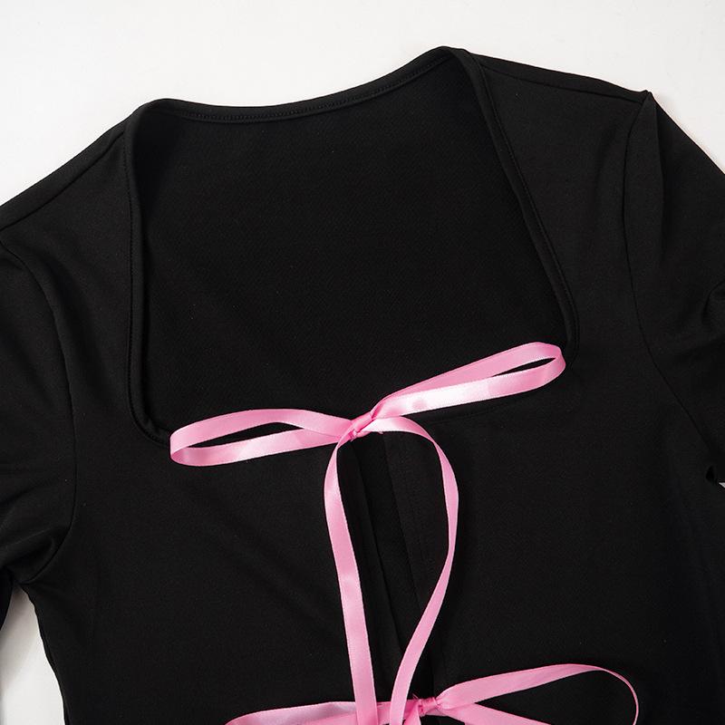 Long sleeve bowknot hollow out ribbon top