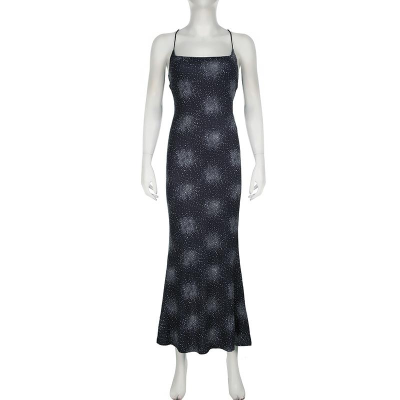 Print cross back backless cami maxi dress  | black rave dress