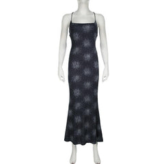 Print cross back backless cami maxi dress  | black rave dress
